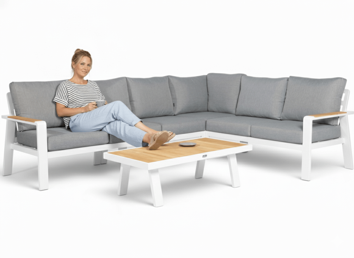 Belito Koffietafel wit aluminium, detailfoto teakhouten blad