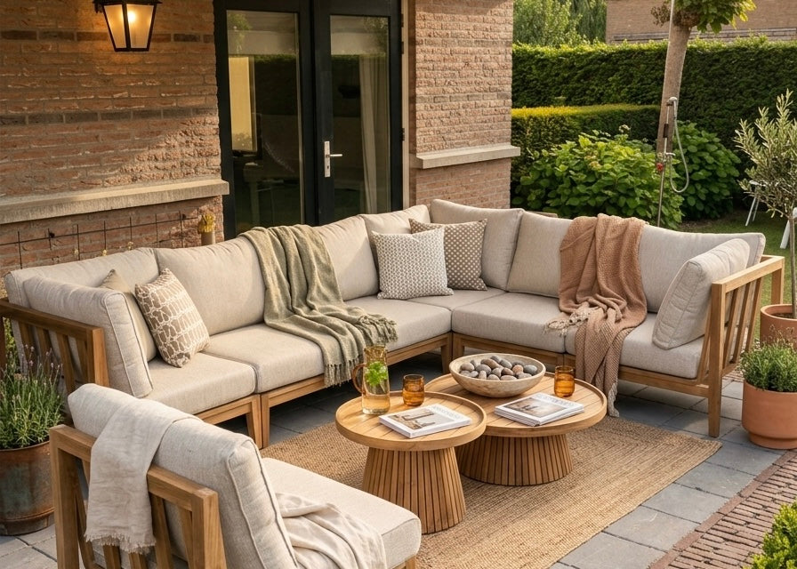 Belito Daan XL teak loungeset – sfeerbeeld in de tuin