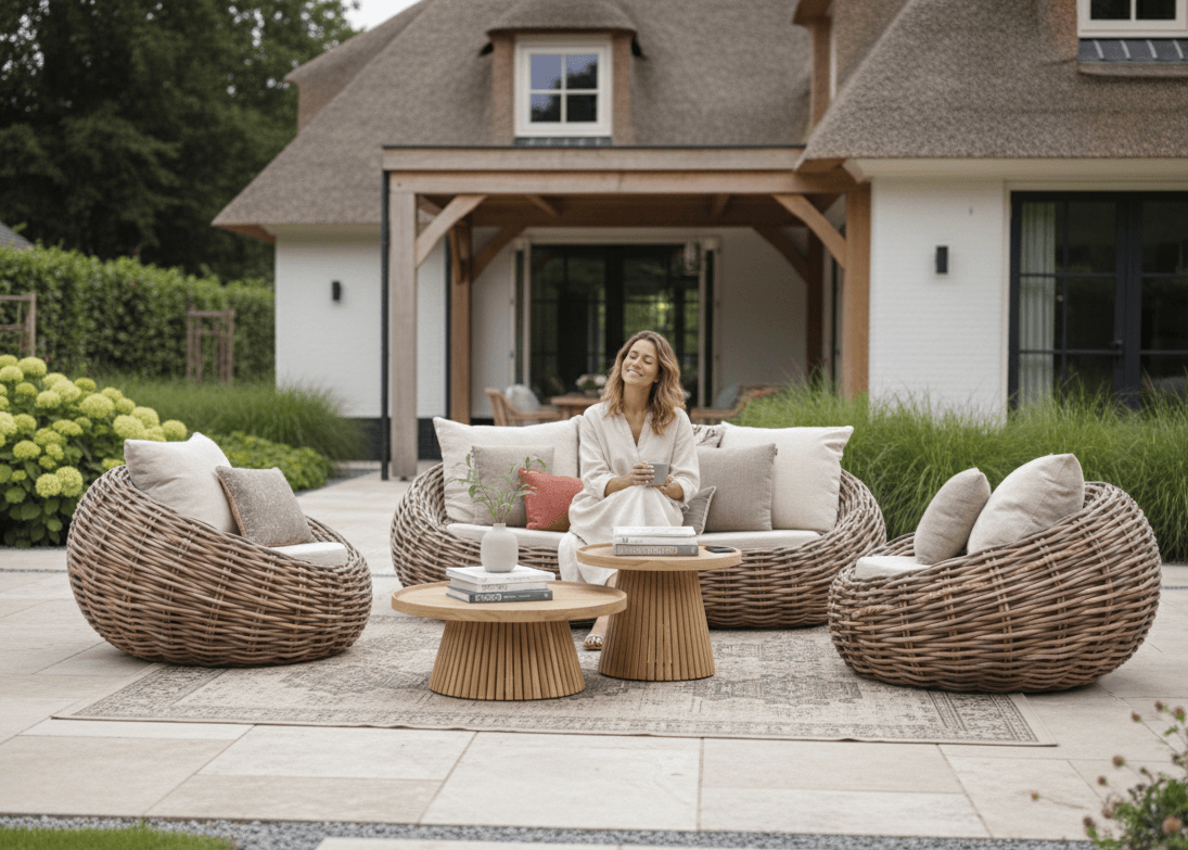 Sfeerfoto Apple Bee Cocoon loungeset met Belito Daan koffietafel