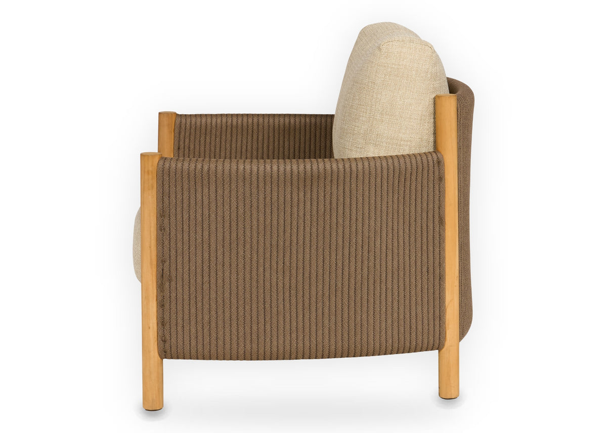 Apple Bee Sapporo loungestoel teak met brown rope en Cotton Flower BEE WETT kussen - zijaanzicht