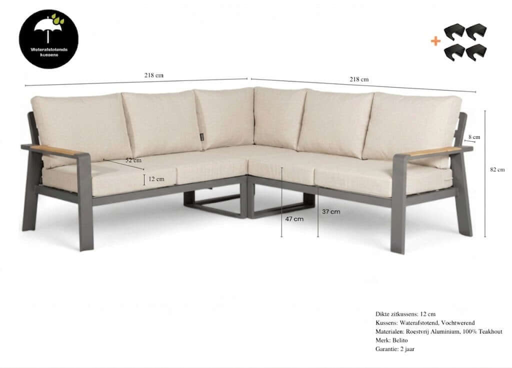 Belito Lotte Lounge Set Corner Sofa No. 3 | Anthracite Aluminum | 220 x 220 cm | 5-seater | Light-colored Cushions