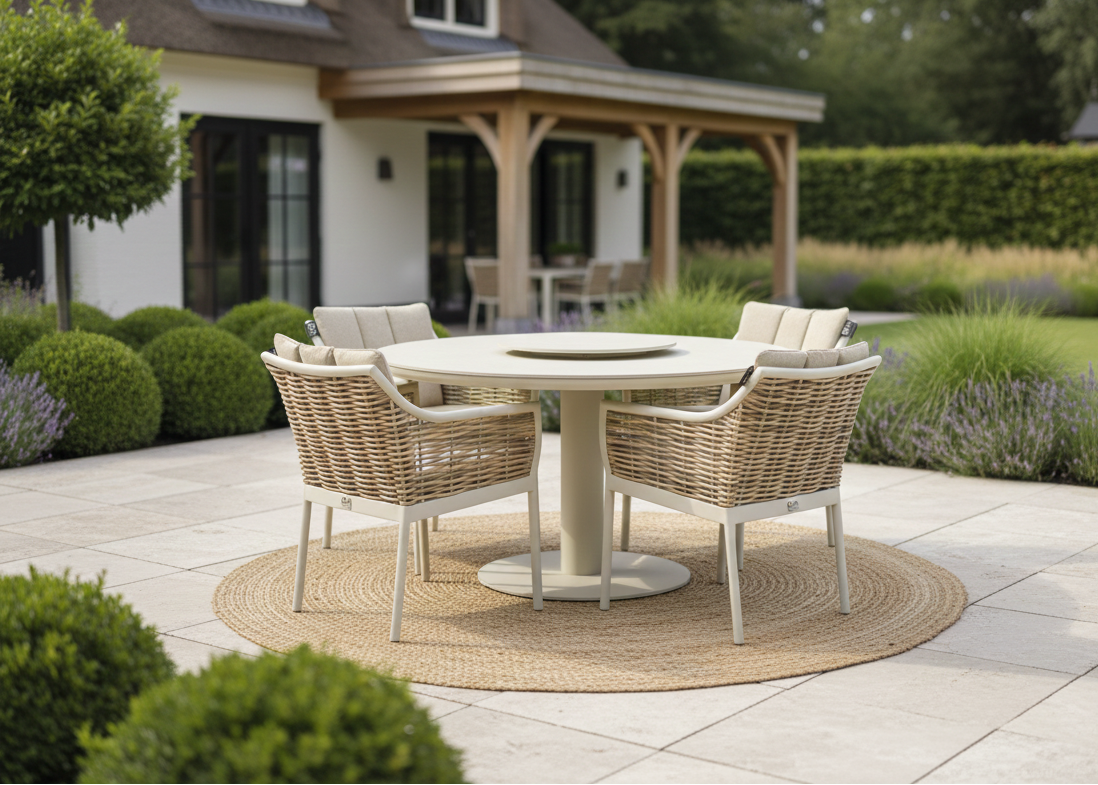 Apple Bee Milou Dining Set 5-piece | Melville Ø140 cm Sintered Stone | 4 Oyster Chairs
