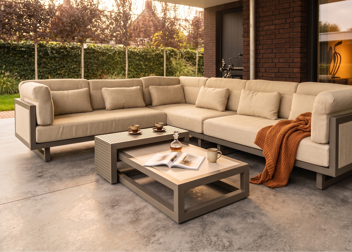 Sfeerfoto van de Apple Bee Santorini loungeset in avondlicht