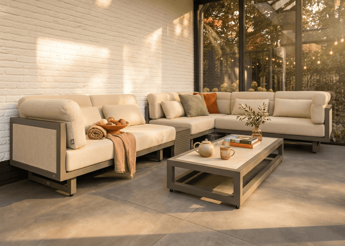 Sfeerbeeld van de Apple Bee Santorini Upholstered hoekloungeset op het terras