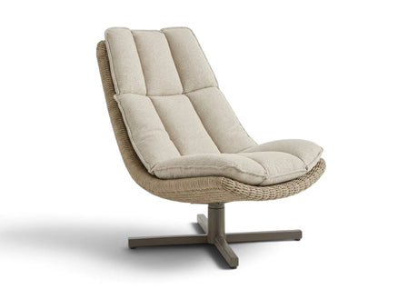 Apple Bee Cebu draaibare loungestoel Taupe met Linen wicker en Natural Oak kussen vrijstaand