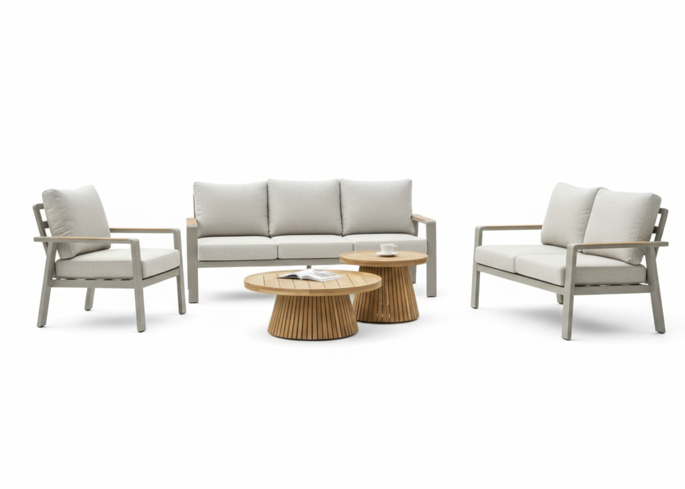 Belito Birmingham loungeset nr.8 taupe, stoel-bank combinatie met 2 Daan teakhouten koffietafels, hoofdfoto