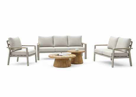 Belito Birmingham loungeset nr.8 taupe, stoel-bank combinatie met 2 Daan teakhouten koffietafels, hoofdfoto