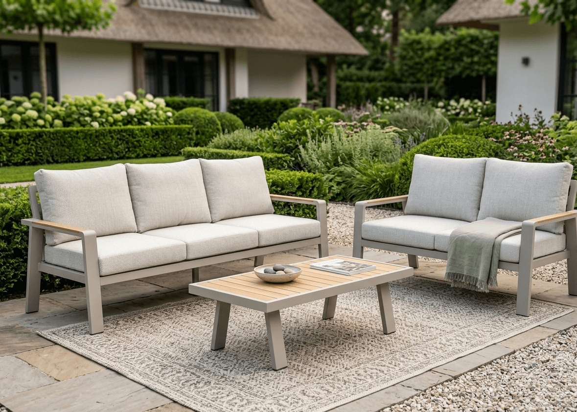 Belito Birmingham loungeset, taupe aluminium met lichte kussens