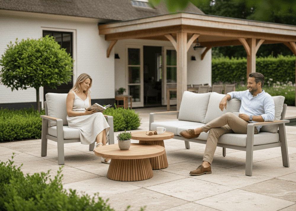 Belito Birmingham tuinbank taupe aluminium, sfeerfoto met teakhouten koffietafel