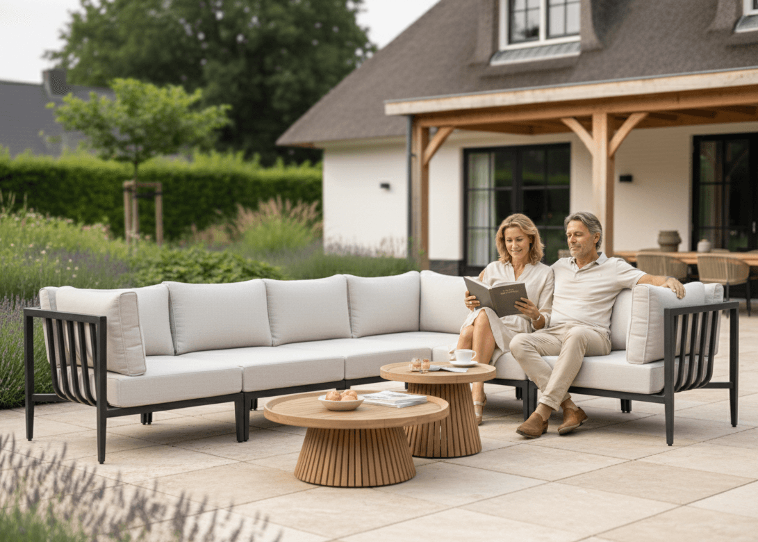 Belito Daan aluminium hoekloungeset Carbon Black met teakhouten tafels