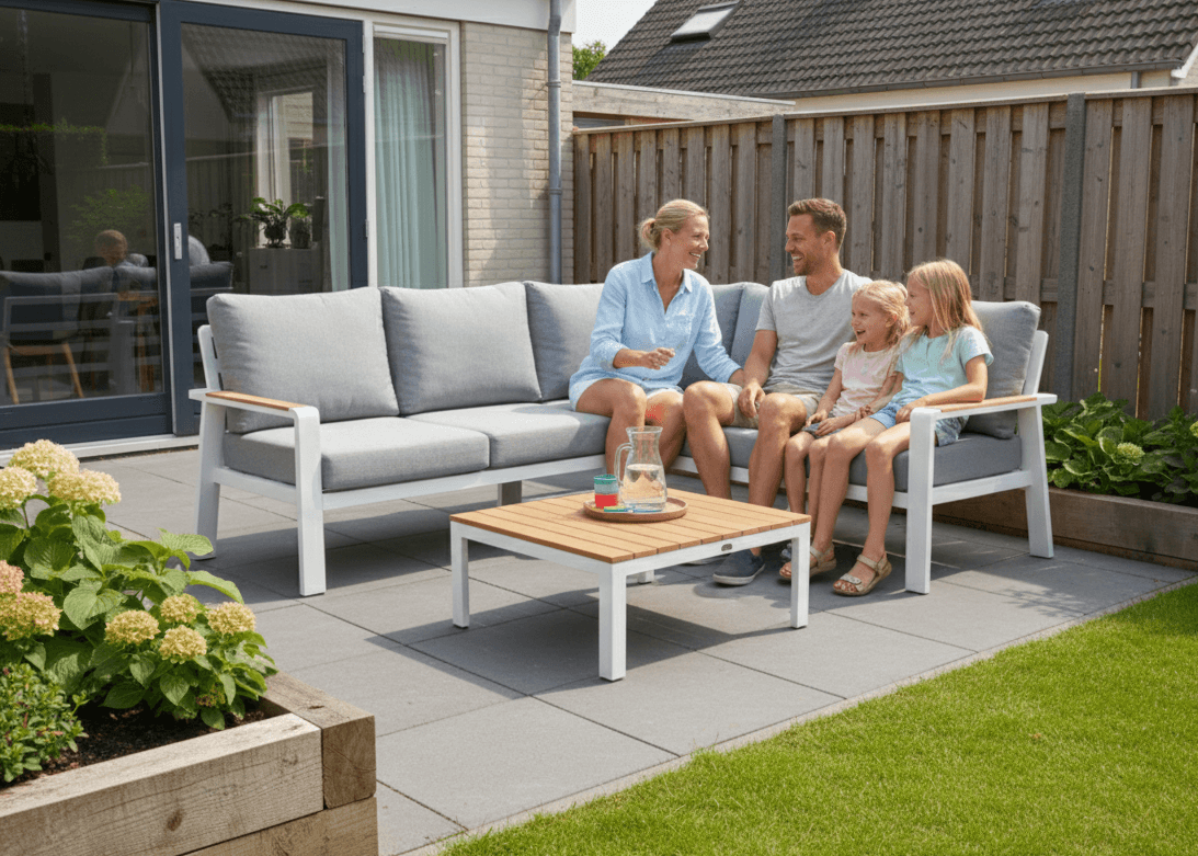 Belito Lotte Loungeset wit aluminium, sfeerbeeld op terras