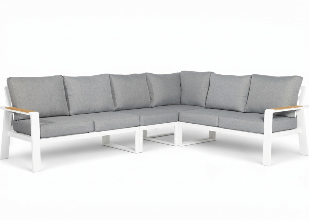 Belito Lotte Loungeset Hoekbank Nr. 2 wit aluminium met teakhouten koffietafel, 288 x 220 cm