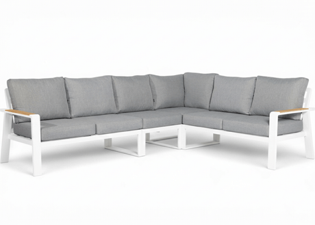 Belito Lotte Loungeset Hoekbank Nr. 2 wit aluminium met teakhouten koffietafel, 288 x 220 cm
