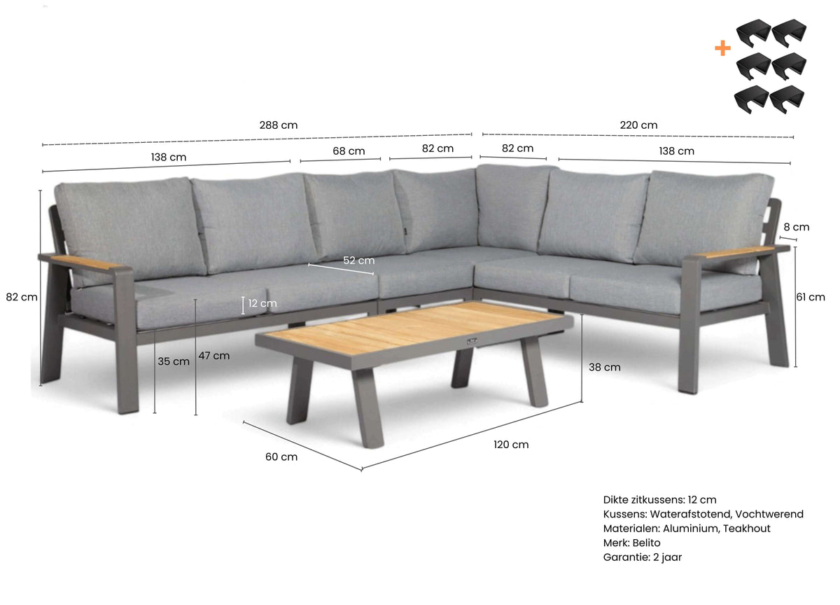 Belito Lotte antraciet met afmetingen en koffietafel 120 cm 