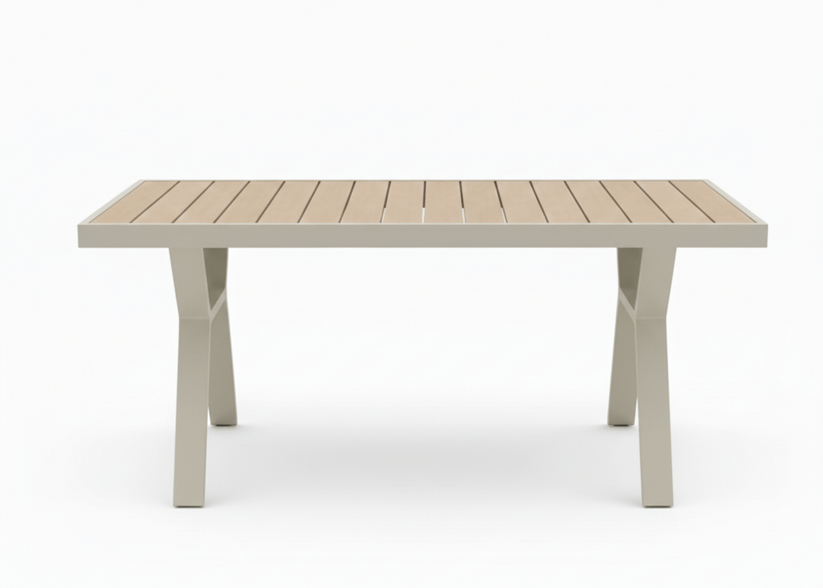 Belito Lotte diningtafel taupe, teakhouten blad, hoog, aanzicht 2
