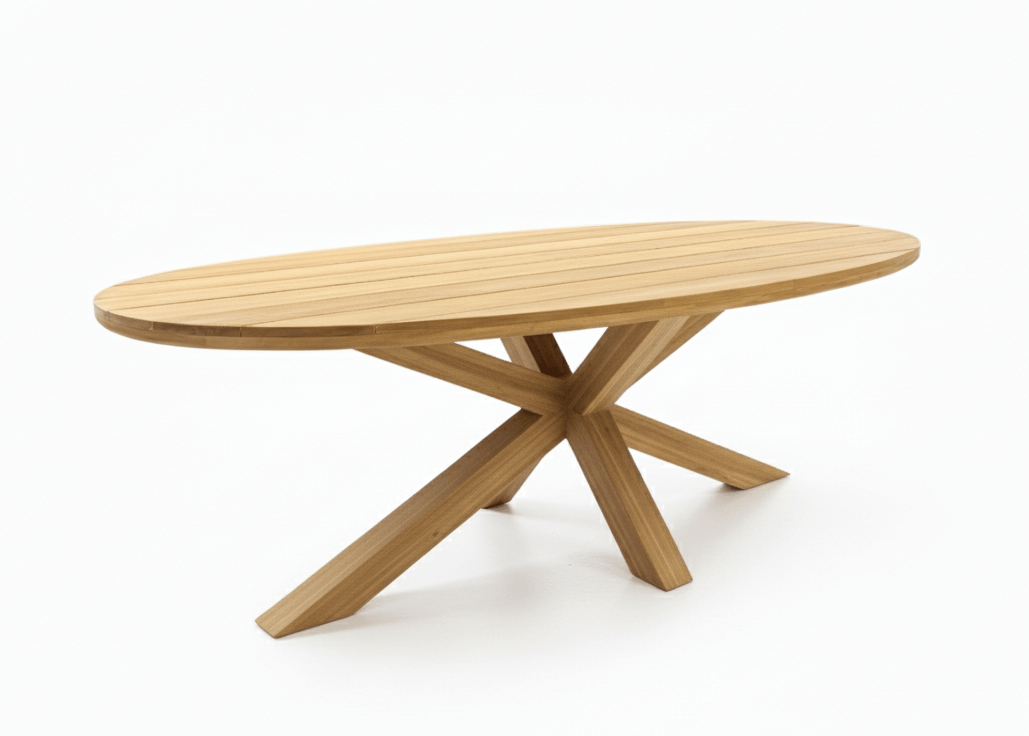 Belito Mees Premium 2.0 ovale teakhouten tuintafel met teakhouten onderstel