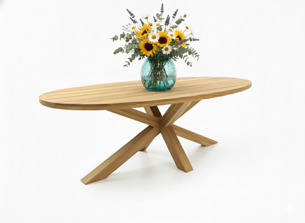 Ovale teakhouten tuintafel Belito Mees Premium 2.0 met bloemen op tafel