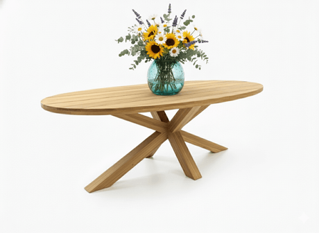 Ovale teakhouten tuintafel Belito Mees Premium 2.0 met bloemen op tafel