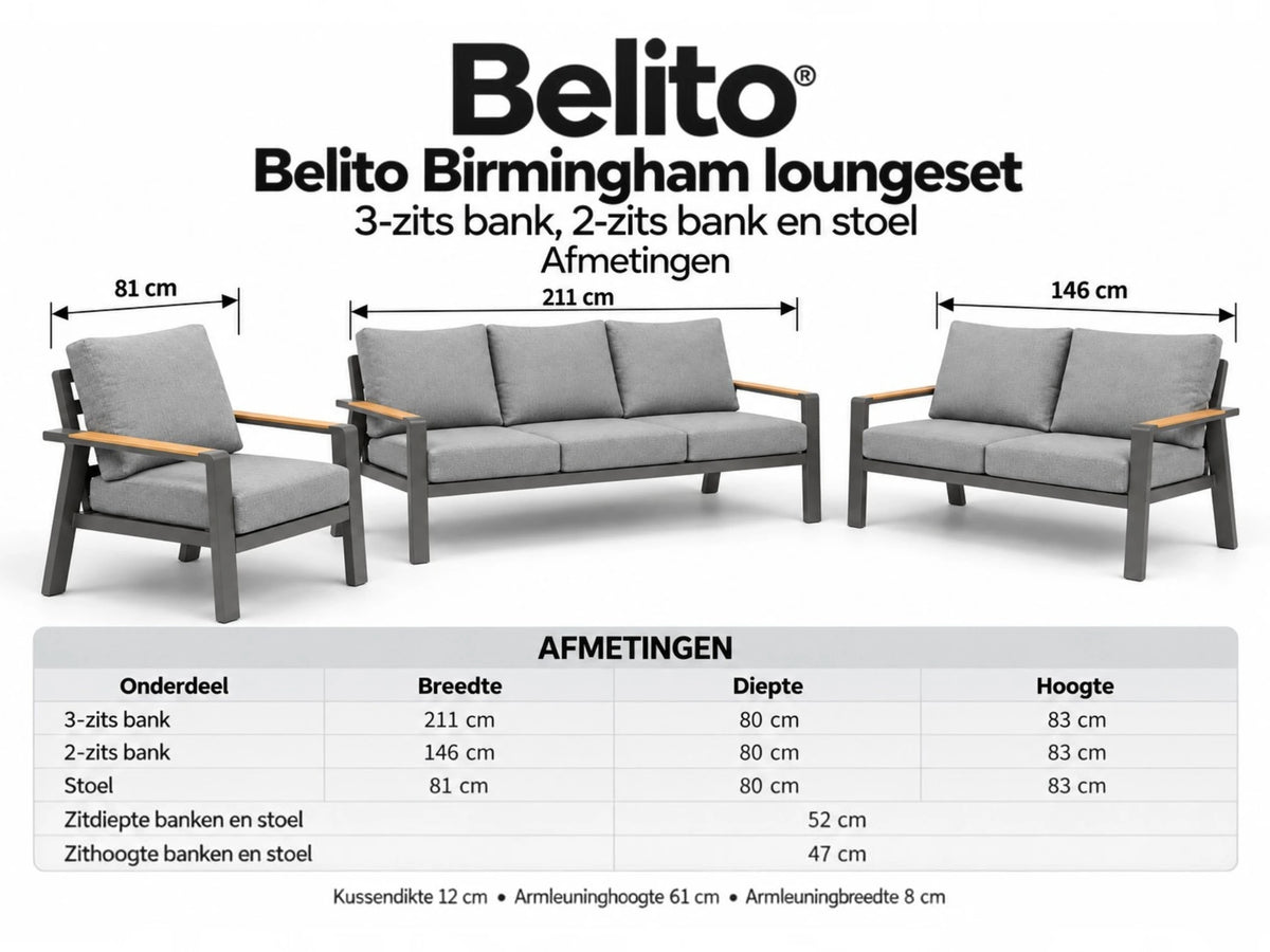 Belito Birmingham Lounge Set No. 4 | Anthracite | 3-seater + 2-seater Sofa + Chair | 6 Persons