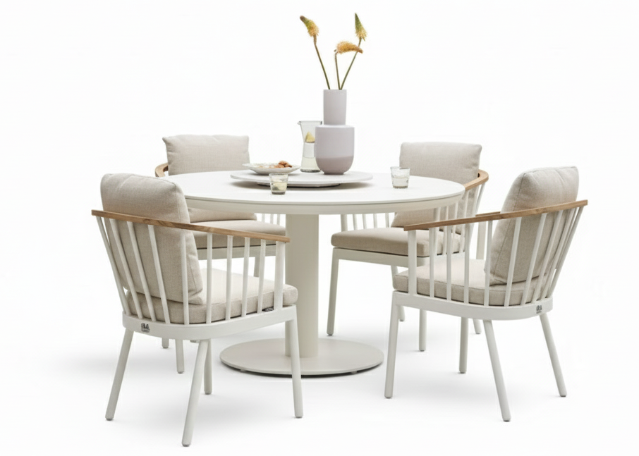Apple Bee Condor Dining Tuinset 5-delig Oyster met Melville tafel Ø140cm en 4 Condor diningstoelen