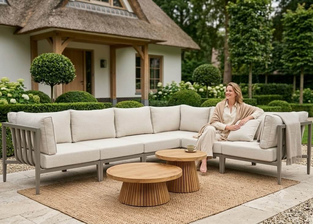 Sfeerfoto van de Belito Daan aluminium loungeset in Taupe