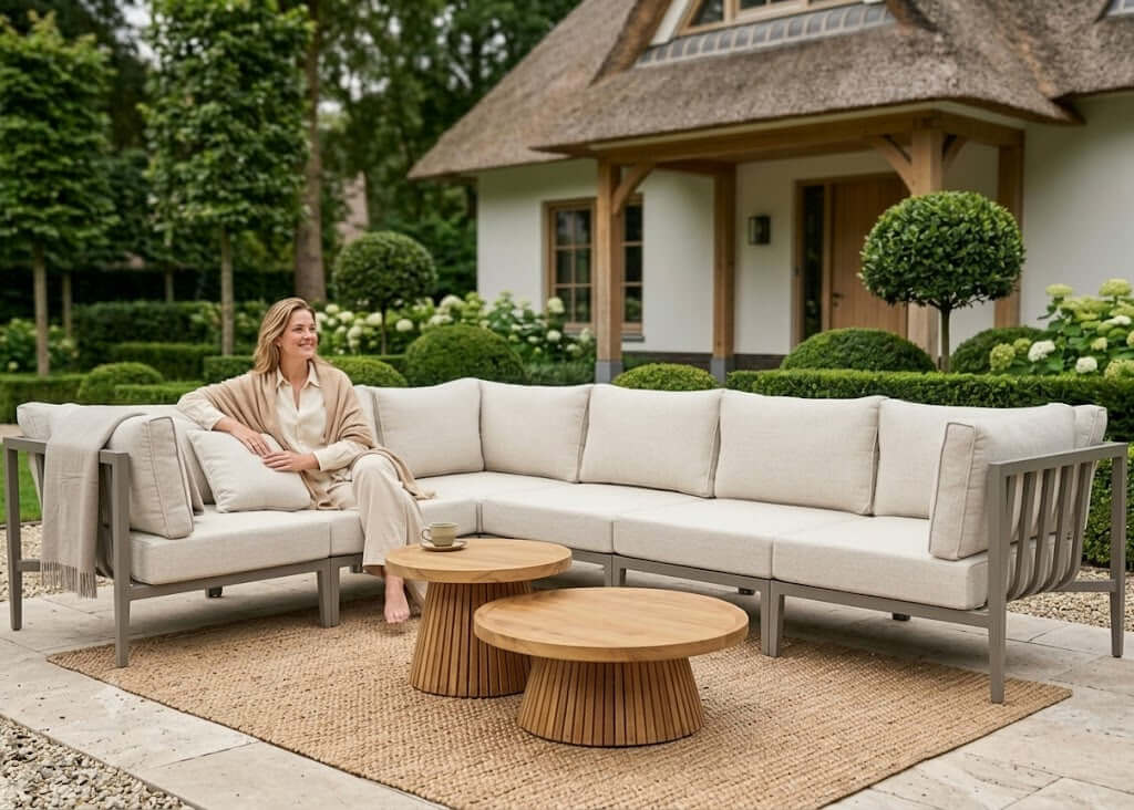 Sfeerfoto van de Belito Daan aluminium loungeset in Taupe, rechter opstelling