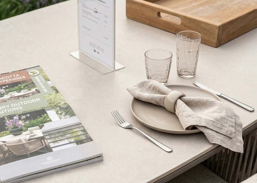 Apple Bee Zanzibar tuintafel in Taupe met dining stoelen, sfeerbeeld