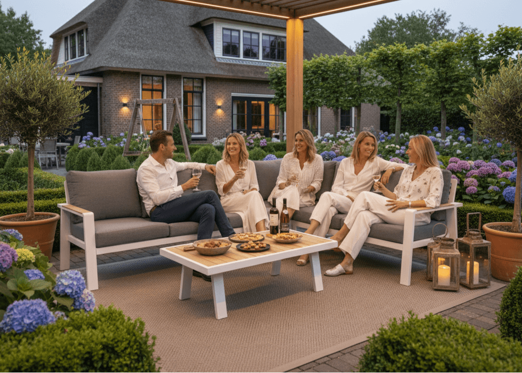 Gezellig samenzijn in de tuin met de Belito Lotte aluminium loungeset 6-persoons wit frame, perfect voor ontspanning.