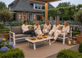 Gezellig samenzijn in de tuin met de Belito Lotte aluminium loungeset 6-persoons wit frame, perfect voor ontspanning.
