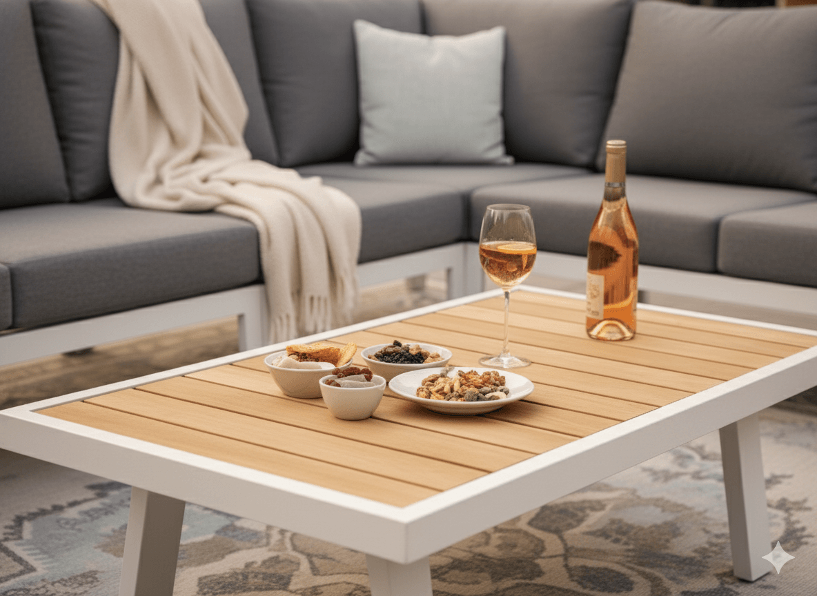Belito Lotte Aluminium Loungeset 6-Persoons - Wit - showroommodel met snacks en wijn op tafel.
