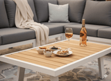 Belito Lotte Aluminium Loungeset 6-Persoons - Wit - showroommodel met snacks en wijn op tafel.