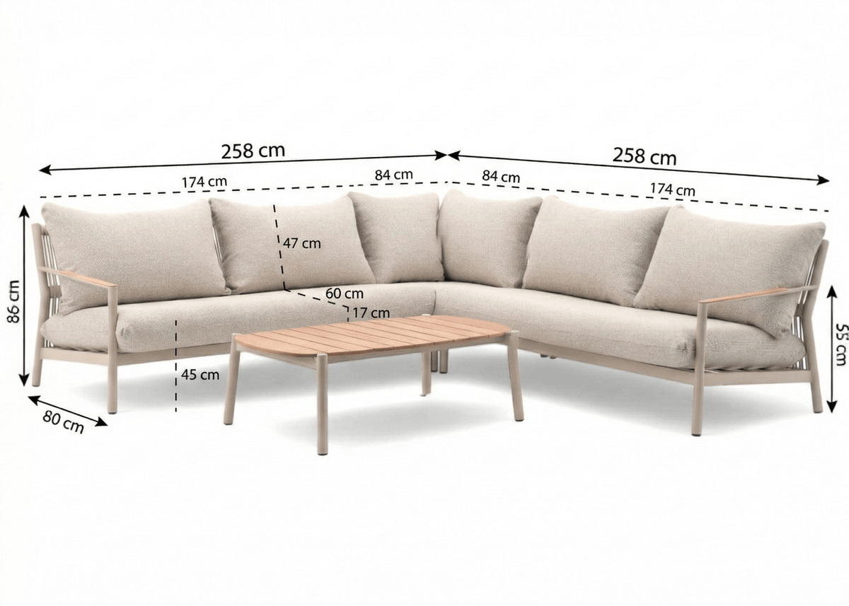 Belito Julia hoekbank 258 x 258 cm taupe met teak koffietafel