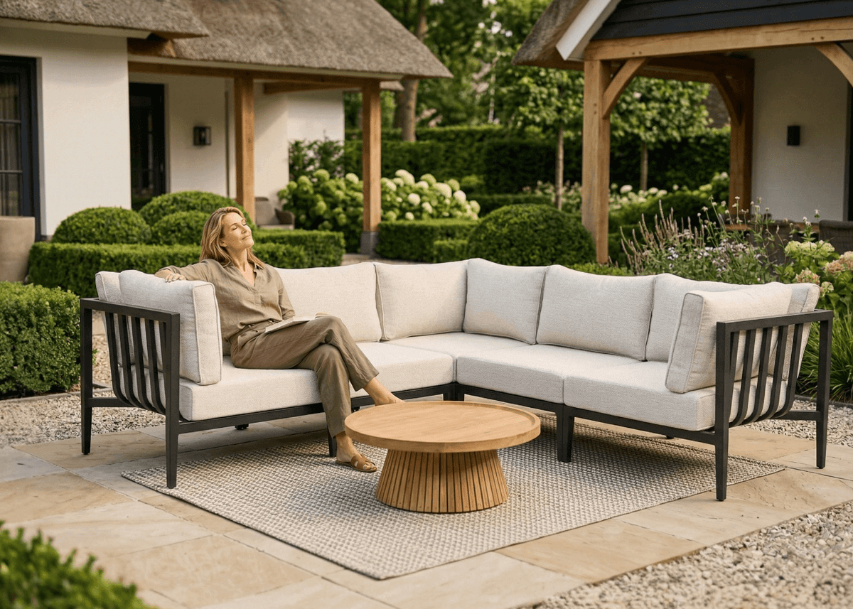 Belito Daan aluminium hoekloungeset in Carbon Black met All-Weather kussens, foto 6