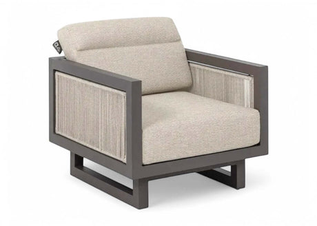 Apple Bee Santorini Rope loungestoel met comfortabel kussen en modern design in taupe en donkerbruin frame.