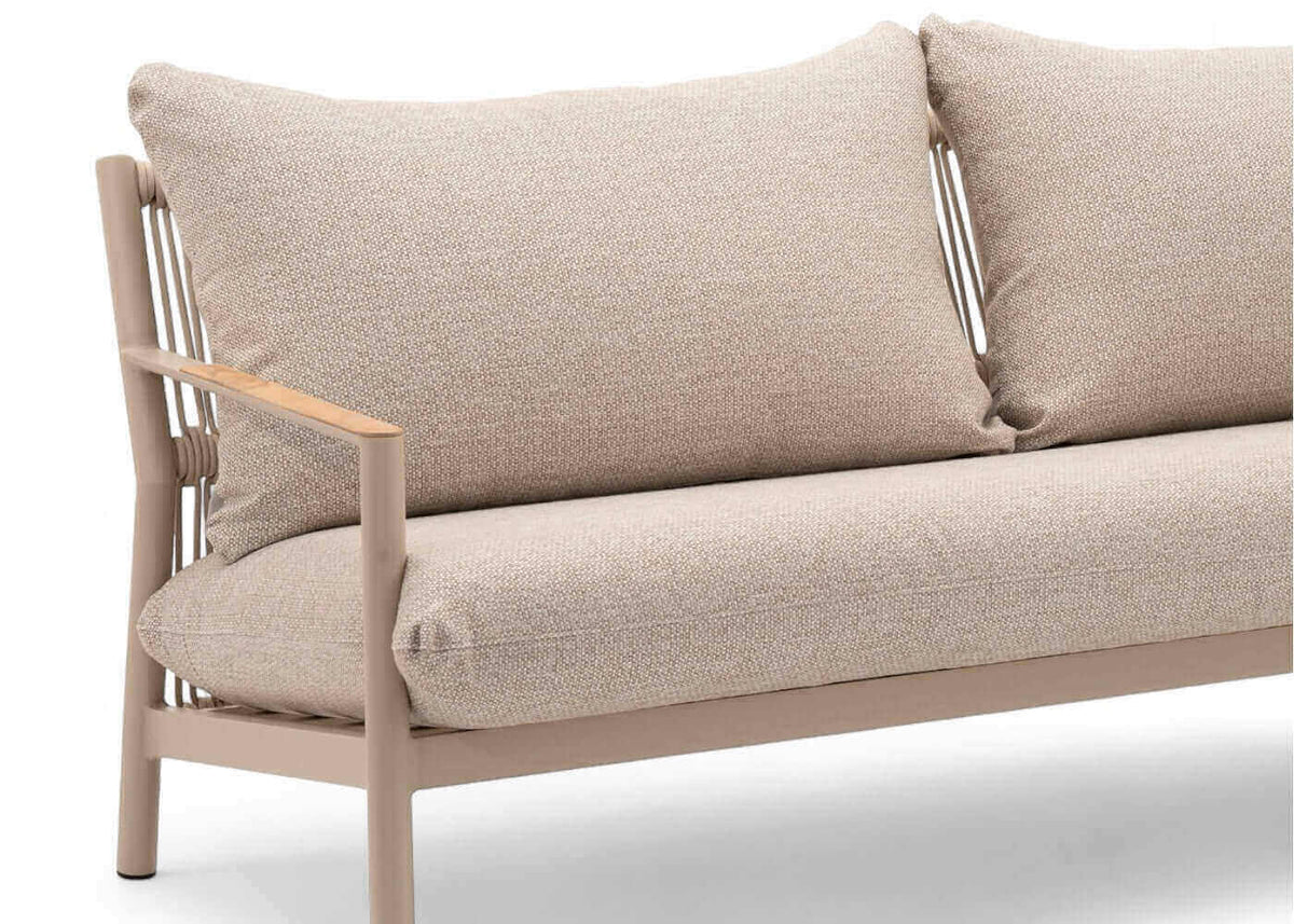 Aluminium hoek loungeset met stoel in taupe, stijlvol rope design en luxe kussens voor ultiem comfort.