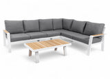Belito Lotte Aluminium Loungeset 6-Persoons - Wit - showroommodel met grijze kussens en houten tafel