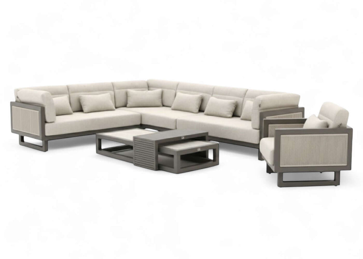 Apple Bee Santorini ROPE Loungeset 6-delig Nr.6 met taupe kussens en robuust aluminium frame.
