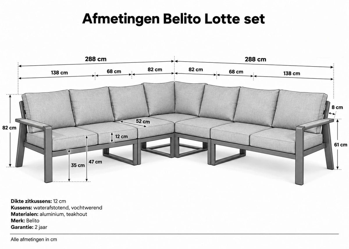 Belito Lotte Loungeset Hoekbank Nr. 14 | Antraciet Aluminium |288 x 288 cm | 8-persoons
