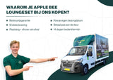 Jongen wijst naar bezorgservice van Apple Bee loungeset met een vrachtwagen en voordelen zoals snelste levering.