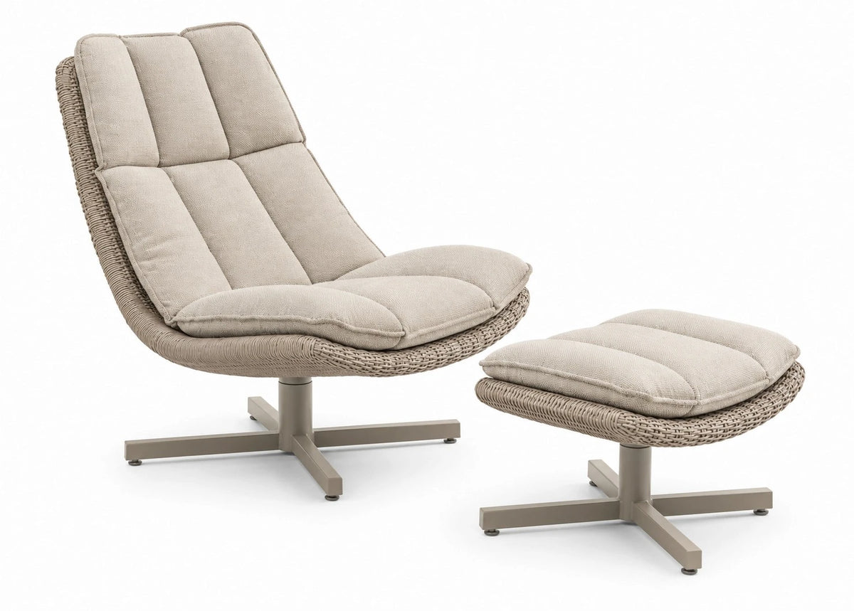 Apple Bee Cebu loungestoel en hocker Taupe set met Natural Oak kussens