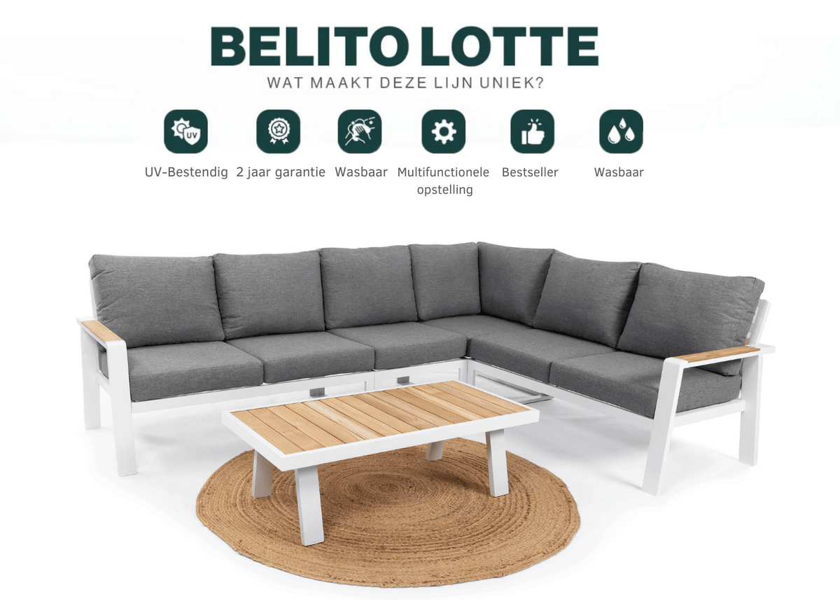 Belito Lotte aluminium loungeset 6-persoons wit frame met comfortabele kussens en tafel in een stijlvolle opstelling.