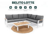 Belito Lotte aluminium loungeset 6-persoons wit frame met comfortabele kussens en tafel in een stijlvolle opstelling.