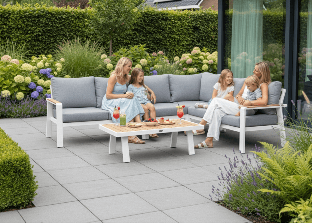 Belito Lotte Loungeset wit – sfeerfoto in de tuin