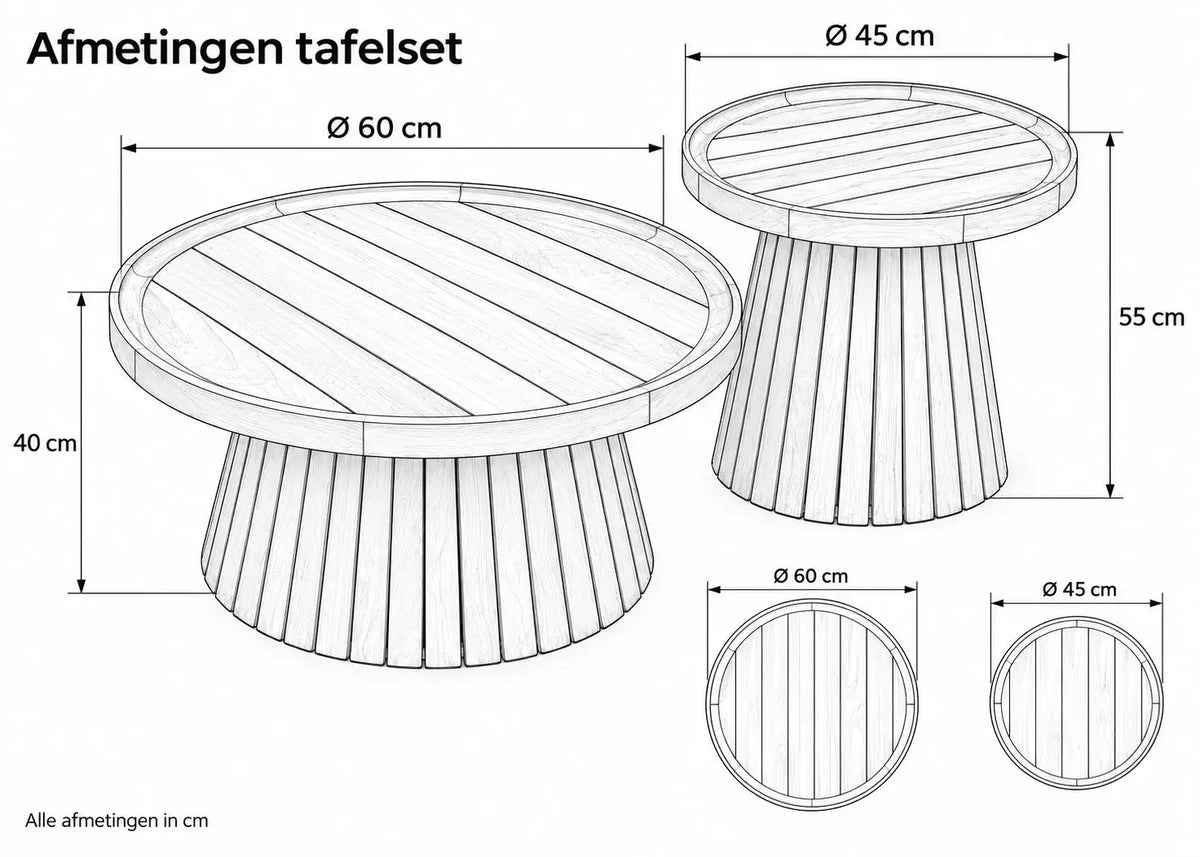 Belito Daan koffietafelset Ø 60 cm & Ø 45 cm - afmetingen
