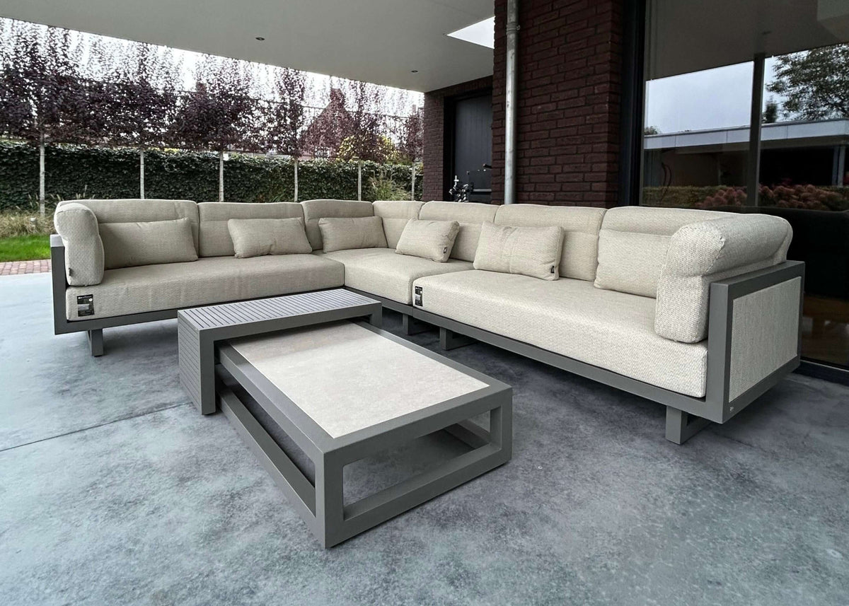 Loungesetland Apple Bee Santorini upholstered modular outdoor corner sofa with grey aluminium frame and beige cushions