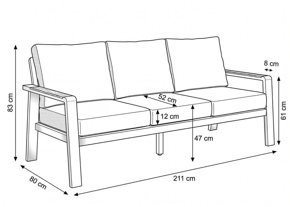 Belito Birmingham Loungeset Nr.1, Antraciet, 3-zits Bank + 2x Stoel + Tafel, 5 Personen – afmetingen